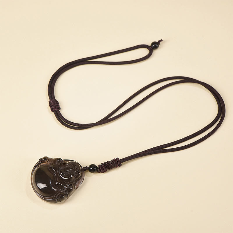 Black Obsidian Buddha Necklace – ice obsidian translucent flash under light, snowflake crystal effect