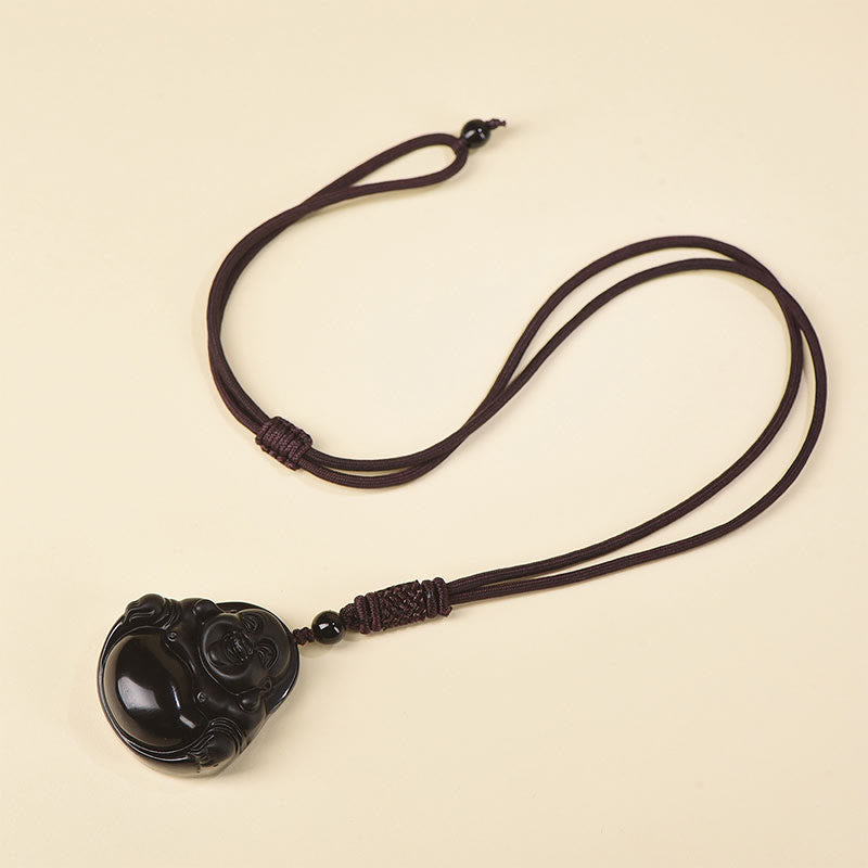 Black Obsidian Buddha Necklace – purification and protection meaning card, crystal healing info