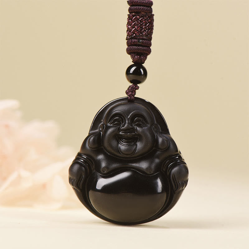 Black Obsidian Buddha Necklace – ice obsidian rainbow sheen at angle, labradorite-like flash photo