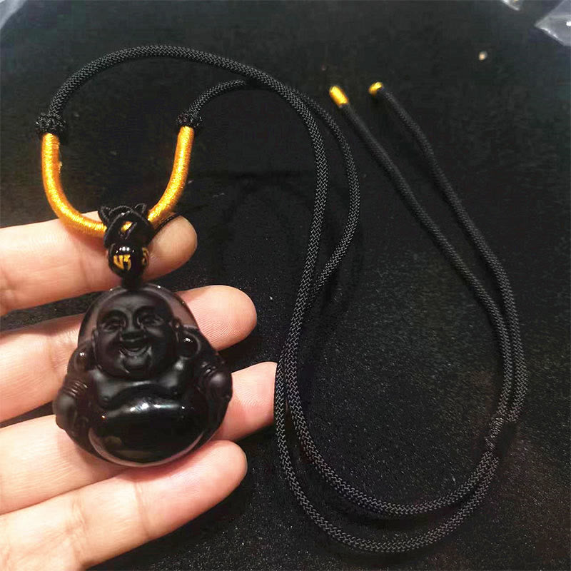 Black Obsidian Buddha Necklace – obsidian beads accompanying pendant on strand, full necklace style