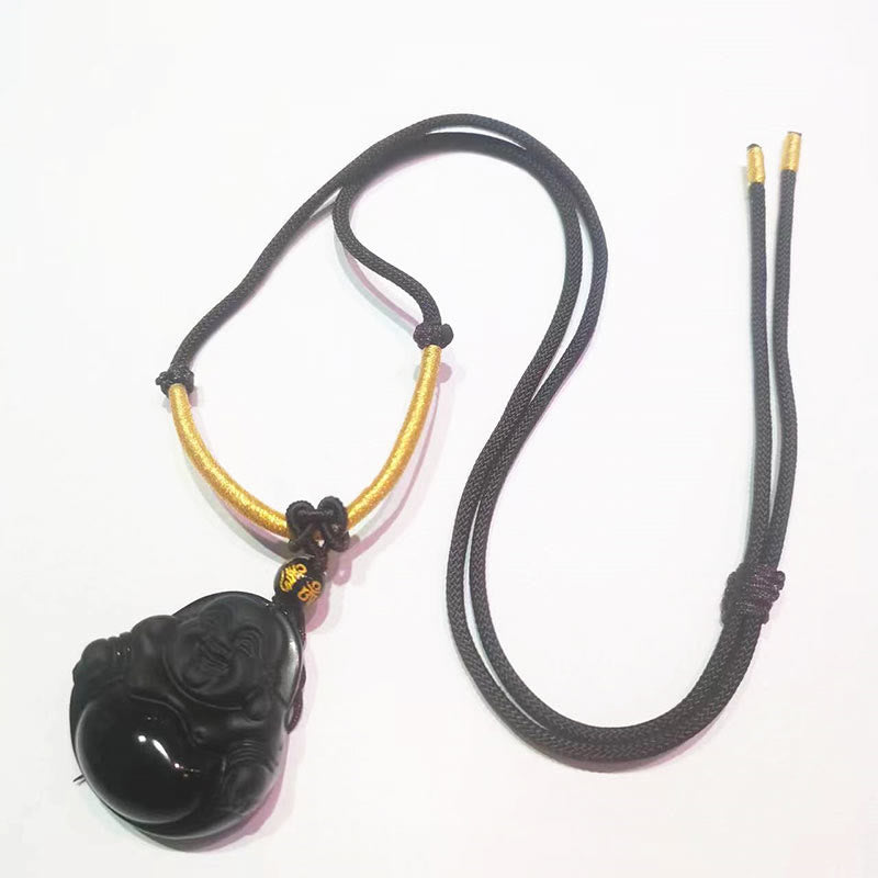 Black Obsidian Buddha Necklace – cord length adjustment demonstration, fits all neck sizes easily
