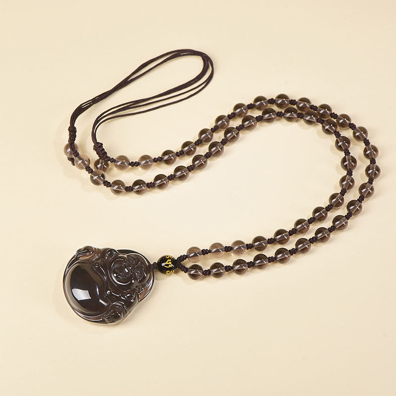 Black Obsidian Buddha Necklace – black cord with adjustable sliding knot, unisex wearable design