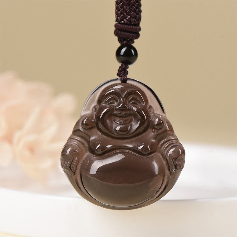 Black Obsidian Buddha Necklace – glossy black obsidian laughing Buddha pendant on cord, protection