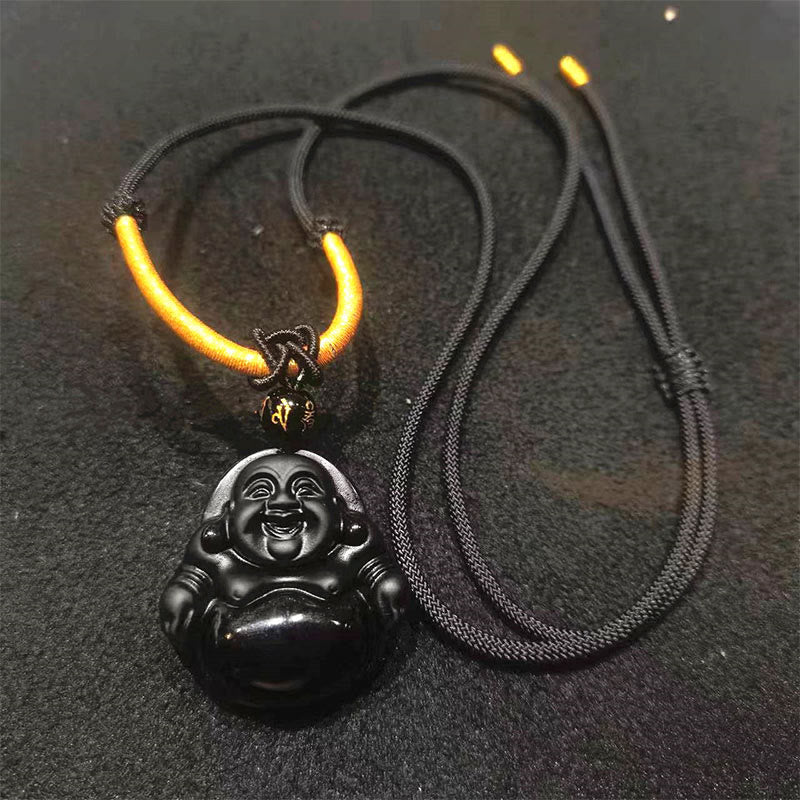 Black Obsidian Buddha Necklace – ice vs regular obsidian comparison piece, educational display