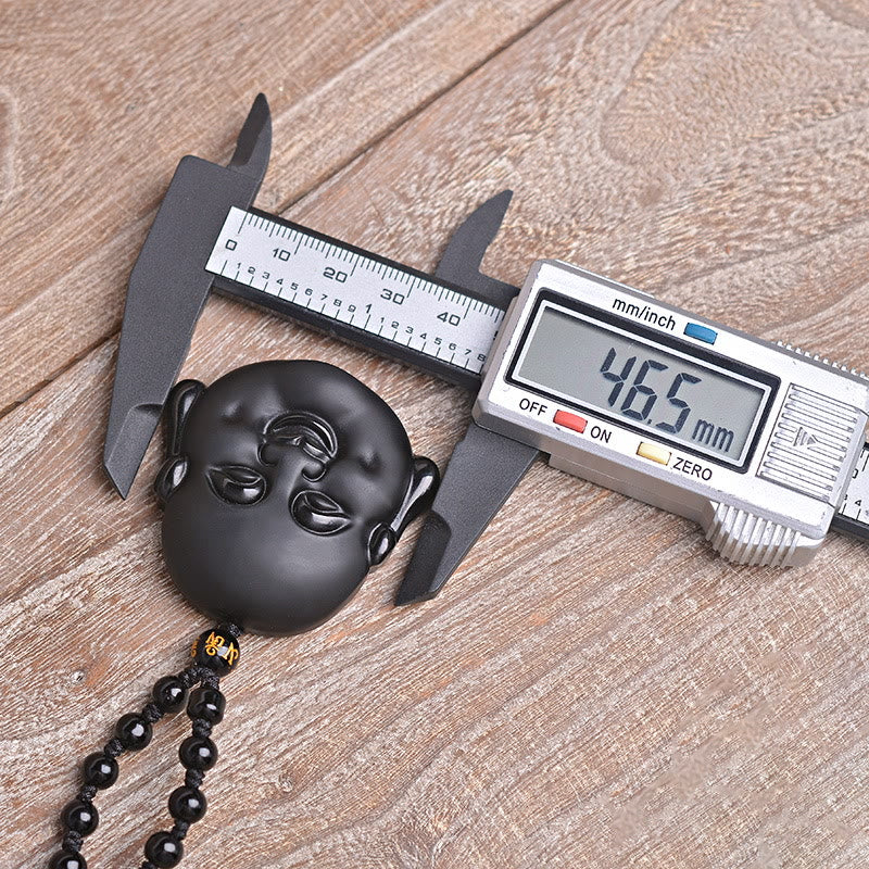 Black Obsidian Laughing Buddha Pendant Necklace Protection – back view cord knot detail, unisex spiritual necklace