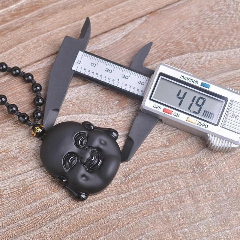 Black Obsidian Laughing Buddha Pendant Necklace Protection – palm size comparison deep shine, obsidian protection stone