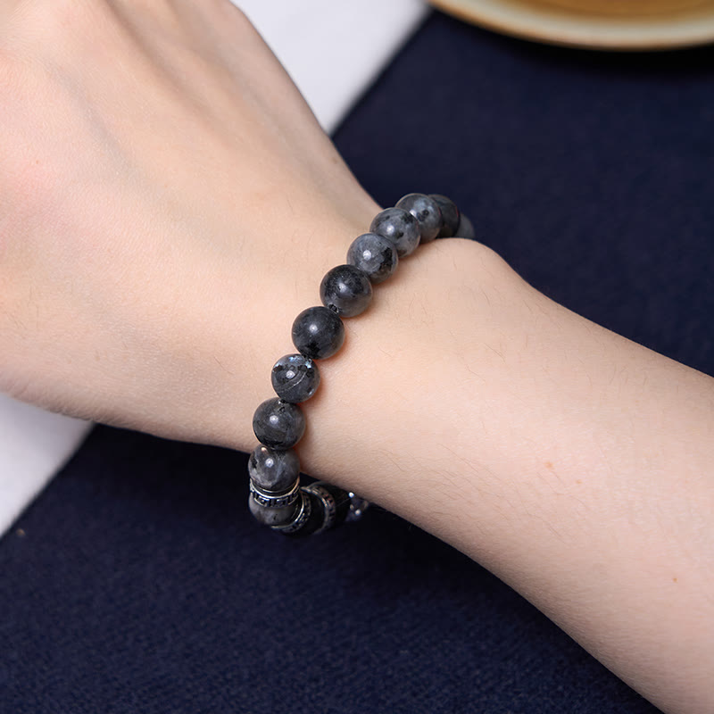 Black Glitter PiXiu Power Bracelet – Speckled gray-black stone beads with silver spacer on navy fabric