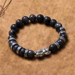 Black Glitter PiXiu Power Bracelet – Matte black beads with silver Greek key spacers and pixiu, men's jewelry