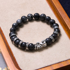 Black Glitter PiXiu Power Bracelet – Black stone beads with silver pixiu charm on suede tray, feng shui