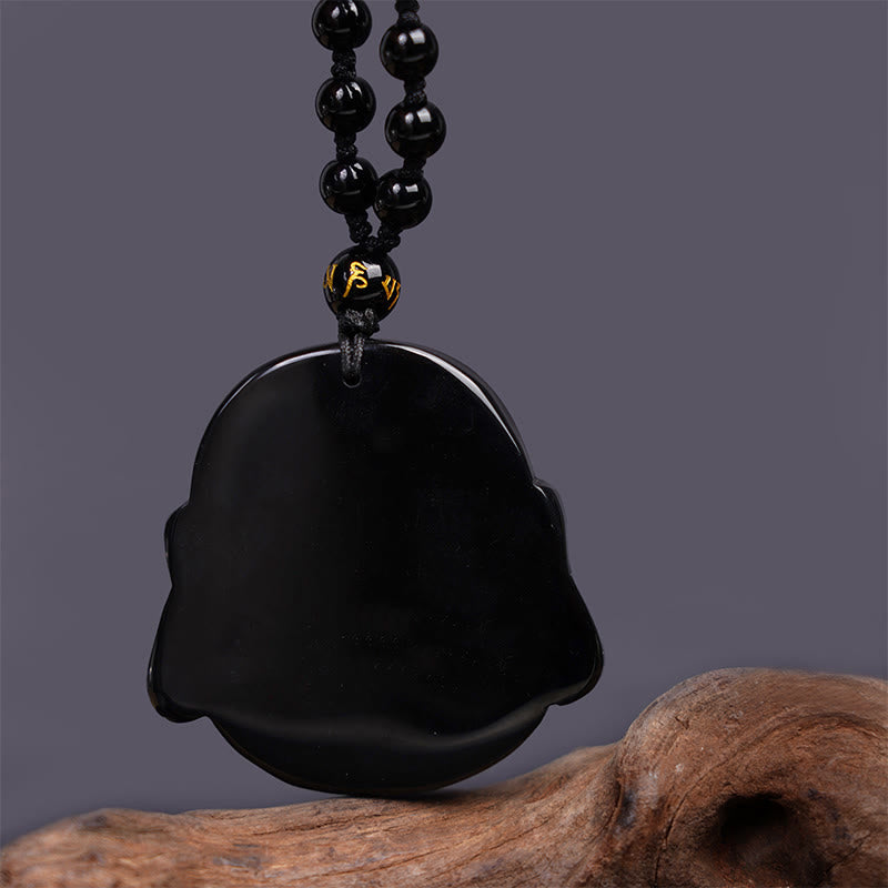 Black Obsidian Laughing Buddha Pendant Necklace Protection – black stone macro glassy luster, healing crystal amulet