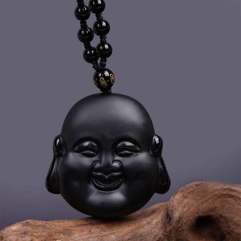 Black Obsidian Laughing Buddha Pendant Necklace Protection – side angle polished pendant, gemstone necklace detail