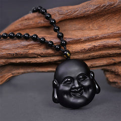 Black Obsidian Laughing Buddha Pendant Necklace Protection – Buddha pendant front black cord, protection amulet necklace