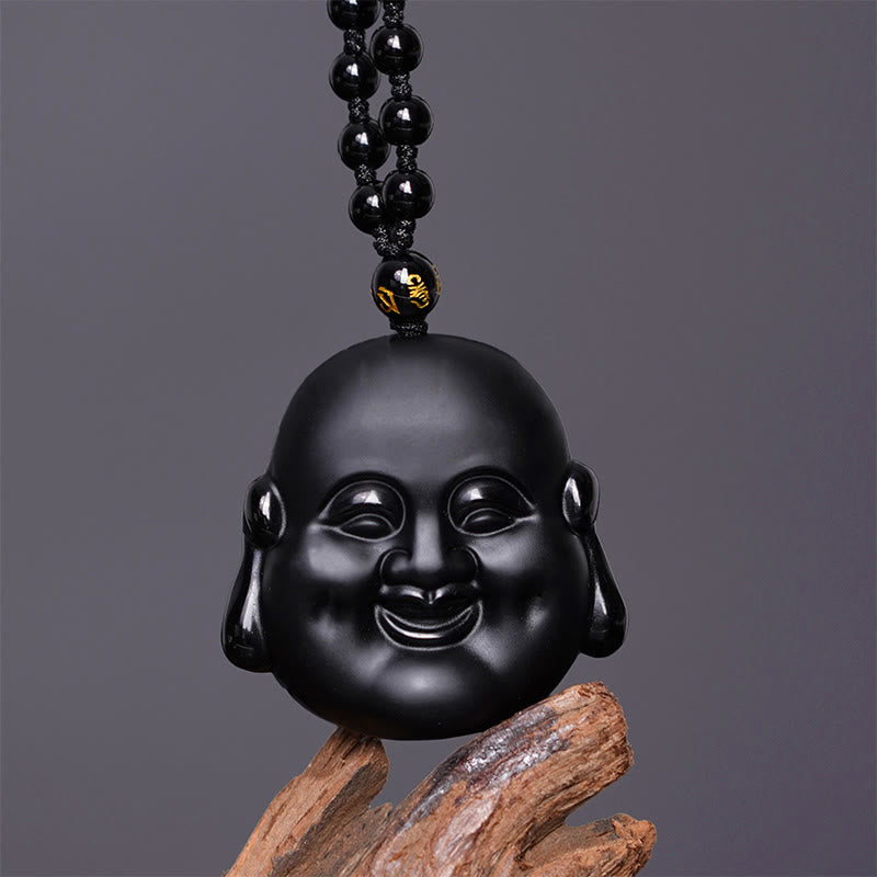 Black Obsidian Laughing Buddha Pendant Necklace Protection – obsidian carving detail close-up, spiritual crystal jewelry