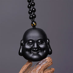 Black Obsidian Laughing Buddha Pendant Necklace Protection – obsidian carving detail close-up, spiritual crystal jewelry