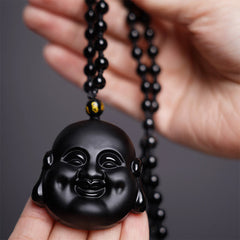 Black Obsidian Laughing Buddha Pendant Necklace Protection – worn on neck casual outfit, everyday Buddhist pendant