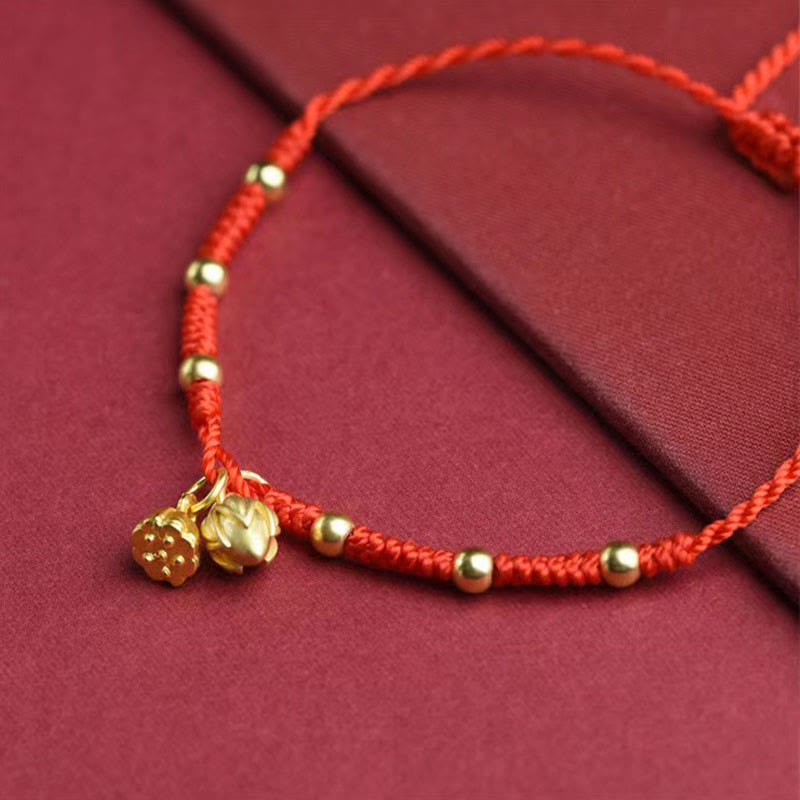 Lotus Charm Red Anklet – Gold lotus bud and bloom charms on red cord, anklet