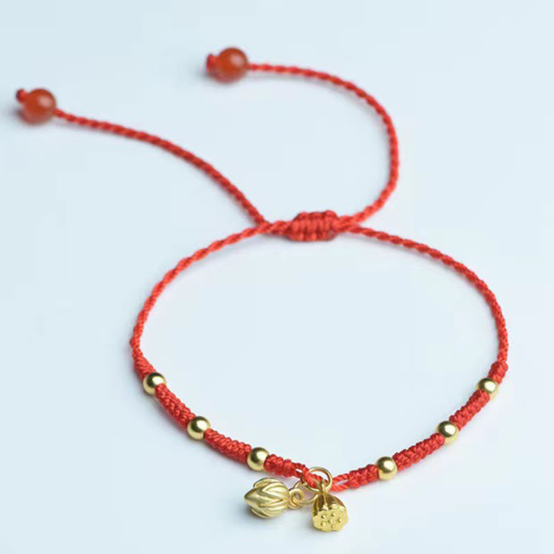 Red Cord Lotus Anklet – Lotus bud and seed pod with amber beads, lotus anklet