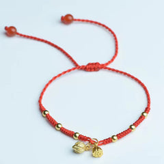 Red Cord Lotus Anklet – Lotus bud and seed pod with amber beads, lotus anklet