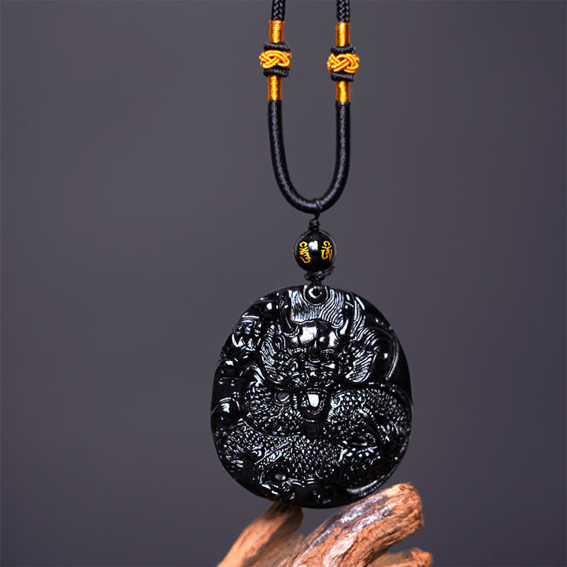Black Obsidian Round Dragon Pendant – full dragon body carved on round disc with wood base, auspicious