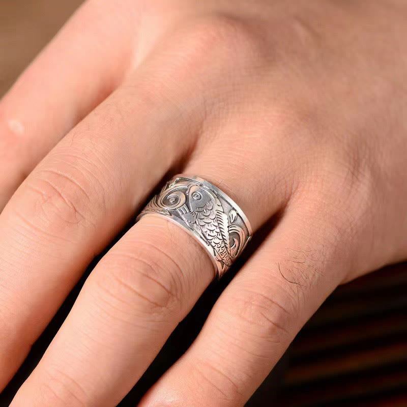Koi Sutra Copper Ring – Ring in traditional gift pouch on dark surface, Heart Sutra copper present
