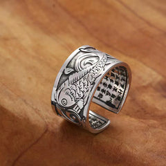Koi Sutra Copper Ring – Copper adjustable ring with koi fish and Heart Sutra text on black, luck jewelry