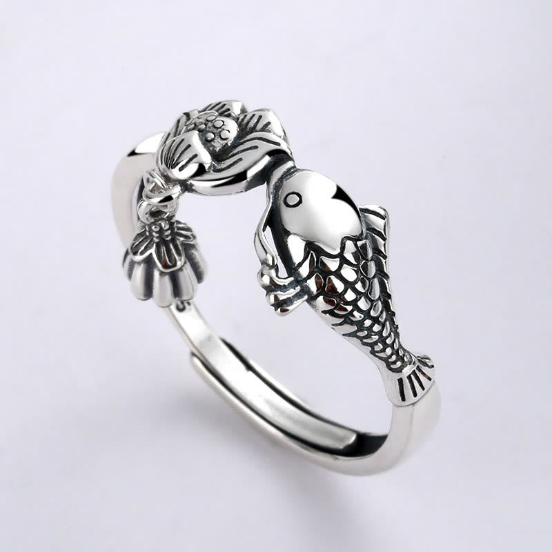 925 Silver Koi Lotus Ring – Silver adjustable ring with koi fish and lotus on black, success luck jewelry
