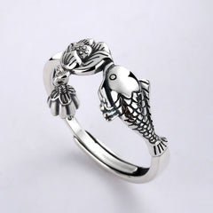 925 Silver Koi Lotus Ring – Silver adjustable ring with koi fish and lotus on black, success luck jewelry