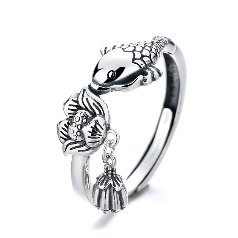 925 Silver Koi Lotus Ring – Worn on finger showing comfortable fit and koi motif, adjustable luck ring