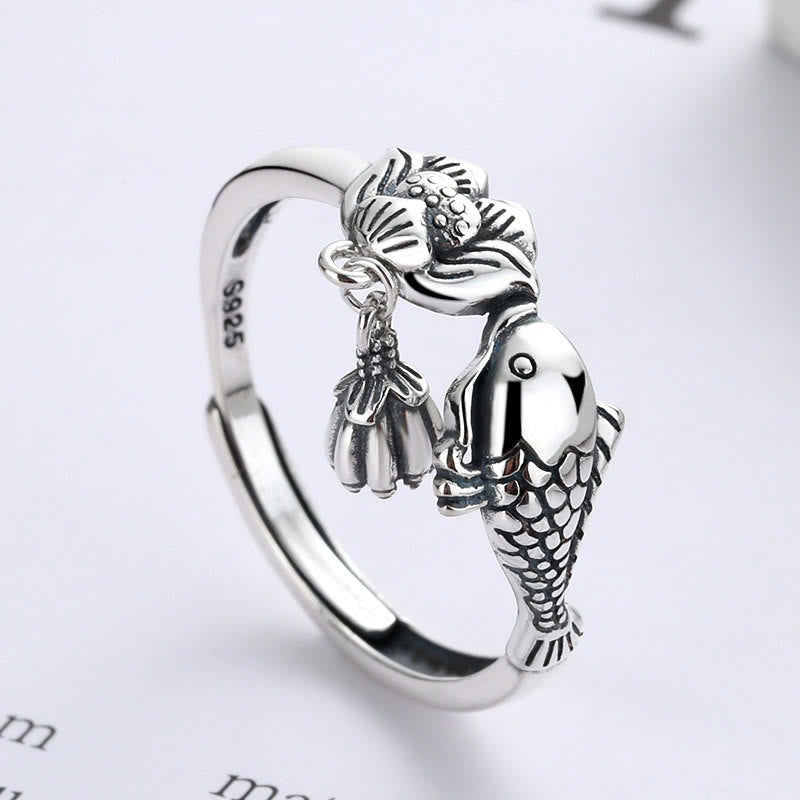 925 Silver Koi Lotus Ring – Side profile showing adjustable open band and lotus details, sterling silver