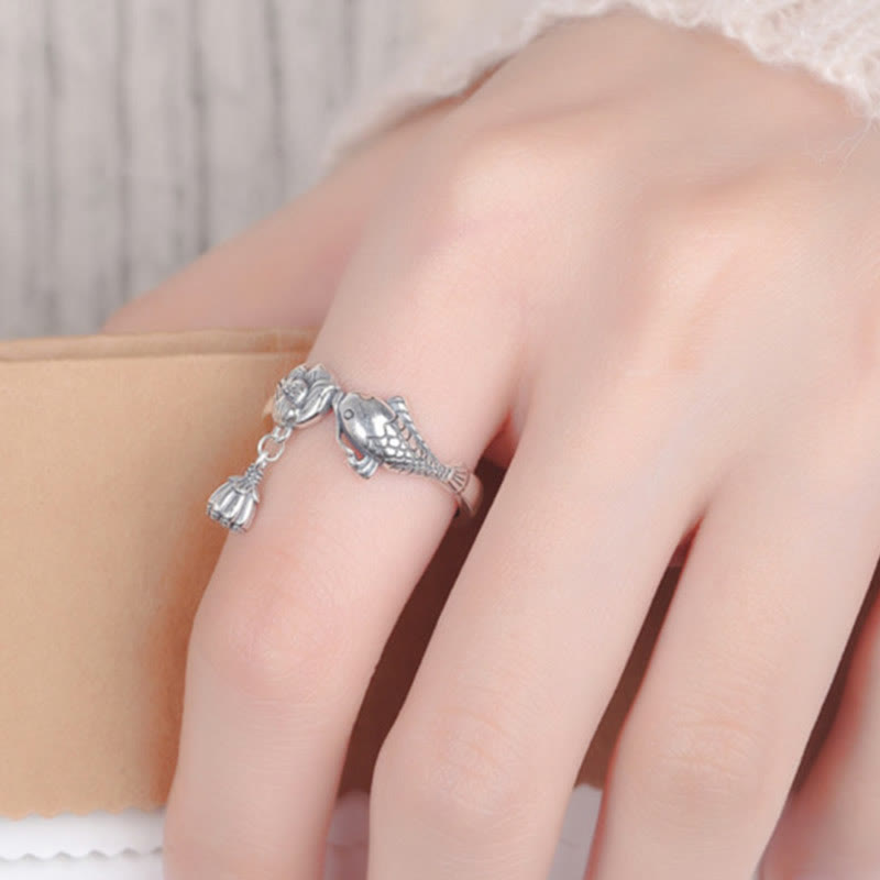 925 Silver Koi Lotus Ring – Top view full ring face with koi swimming motif, sterling silver ring