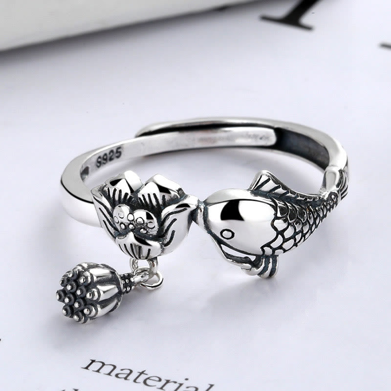 925 Silver Koi Lotus Ring – Close-up koi fish relief carving on polished band, feng shui success ring