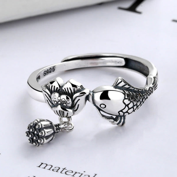 925 Silver Koi Lotus Ring – Close-up koi fish relief carving on polished band, feng shui success ring