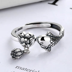 925 Silver Koi Lotus Ring – Close-up koi fish relief carving on polished band, feng shui success ring