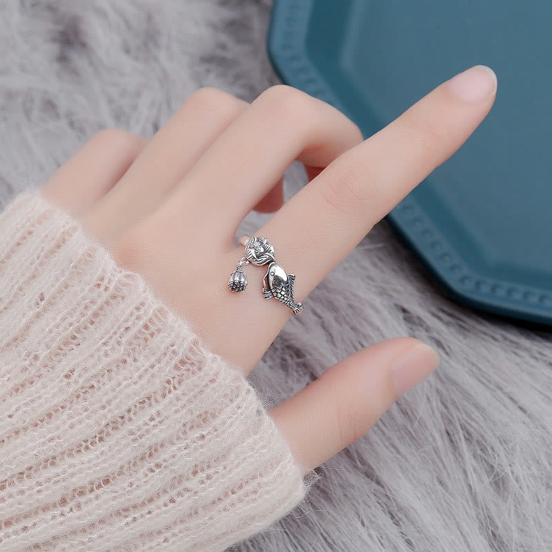 925 Silver Koi Lotus Ring – Lotus flower engraving detail with silver shine, success jewelry close-up