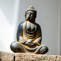 Tibetan Meditating Buddha Statue – rust cast resin ornate crown detail, tibetan buddha craftsmanship