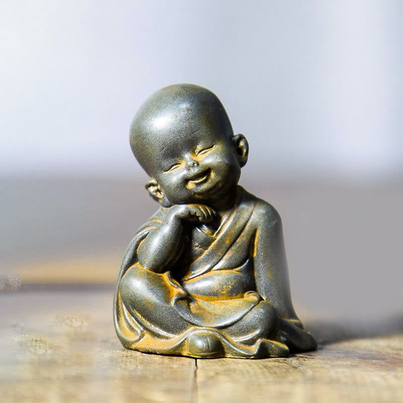 Small Meditating Monk Statue – tiny hands folded in dhyana mudra, miniature monk figurine detail