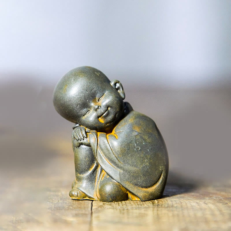 Small Meditating Monk Statue – desk corner workspace zen accent, small monk office decoration