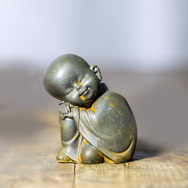 Small Meditating Monk Statue – desk corner workspace zen accent, small monk office decoration