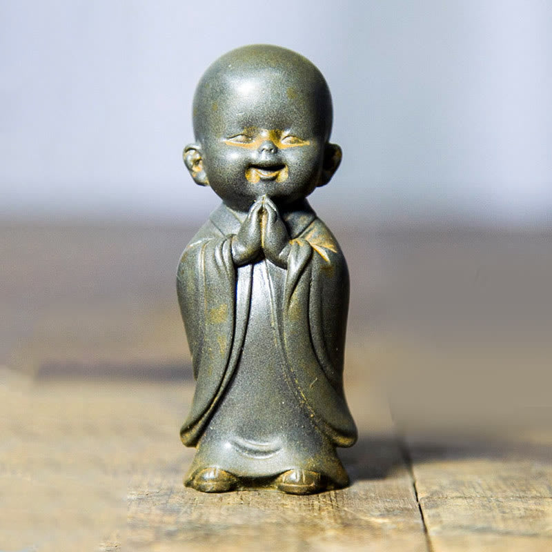 Small Meditating Monk Statue – rustic patina mini buddhist decor, aged iron powder monk figurine