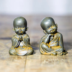 Small Meditating Monk Statue – front view compact monk desk statue, small monk meditation accessories