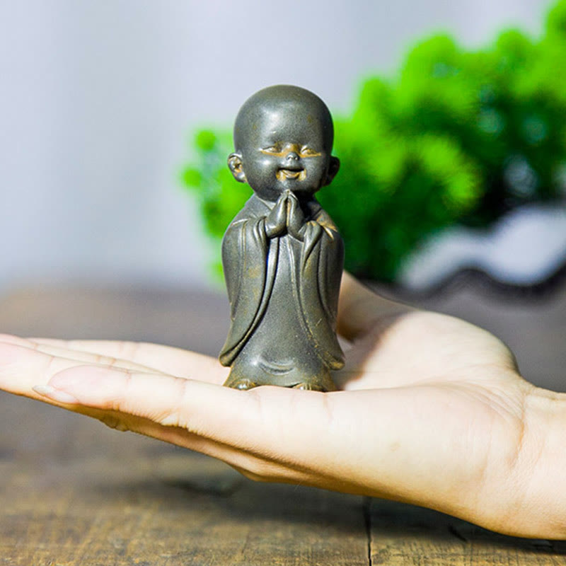 Small Meditating Monk Statue – fine robe carving miniature scale, detailed tiny monk sculpture