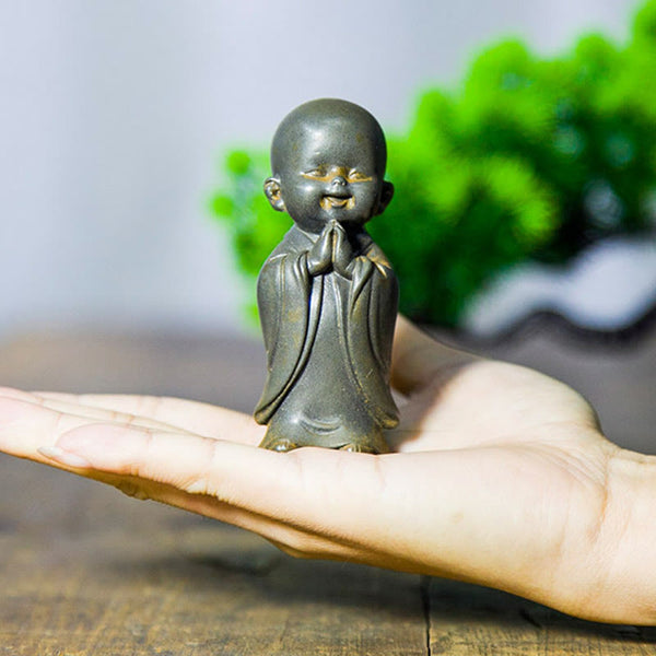 Small Meditating Monk Statue – fine robe carving miniature scale, detailed tiny monk sculpture