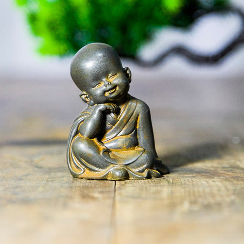 Small Meditating Monk Statue – detailed iron powder aged finish, rustic small monk statue art