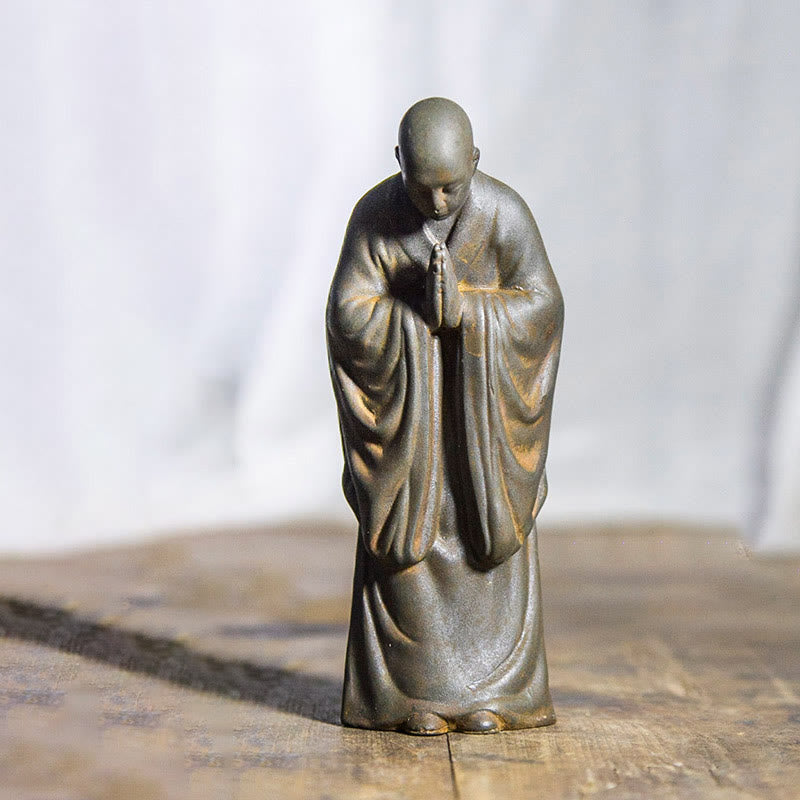 Meditating Praying Monk Statue Set – three monks grouped zen display, iron powder monk collection