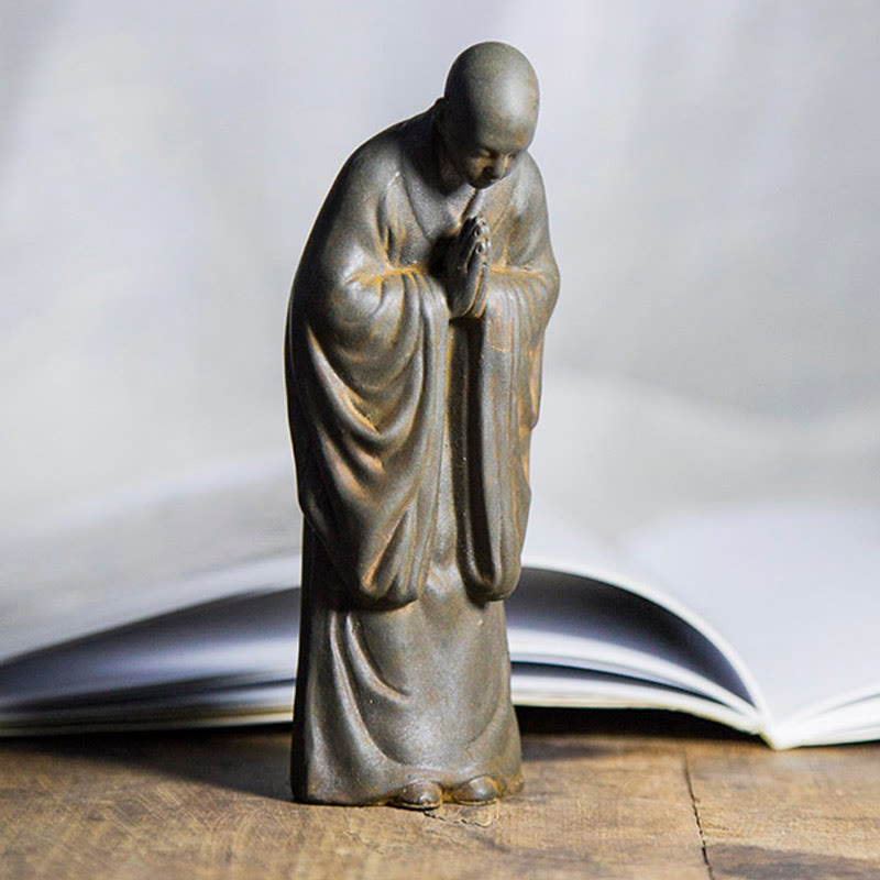 Meditating Praying Monk Statue Set – rustic vintage monk statue collection, aged resin meditation art