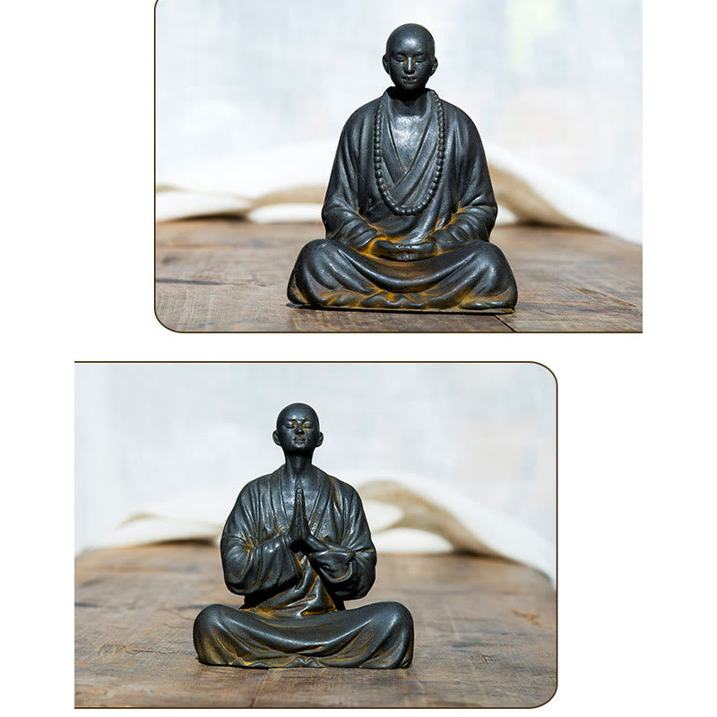 Meditating Praying Monk Statue Set – ambient light on monk figurines, atmospheric meditation decor