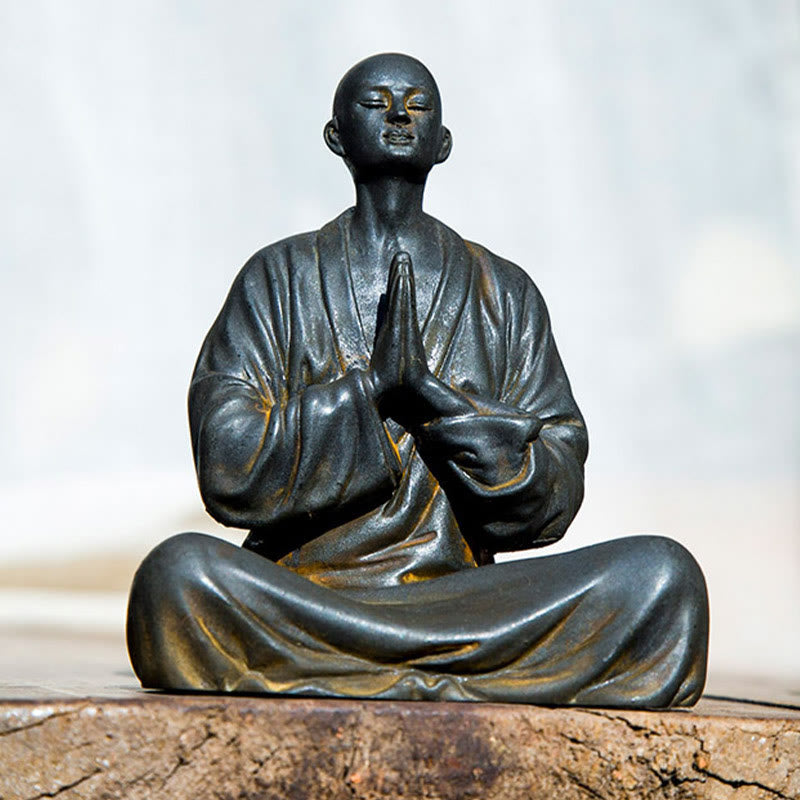 Meditating Praying Monk Statue Set – aged iron powder surface patina detail, vintage monk statue
