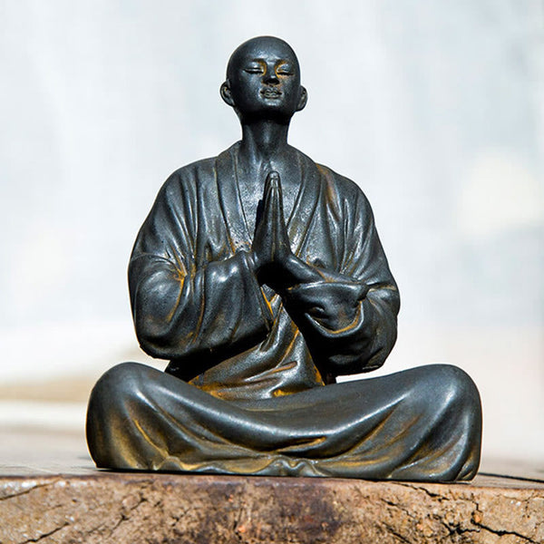 Meditating Praying Monk Statue Set – aged iron powder surface patina detail, vintage monk statue