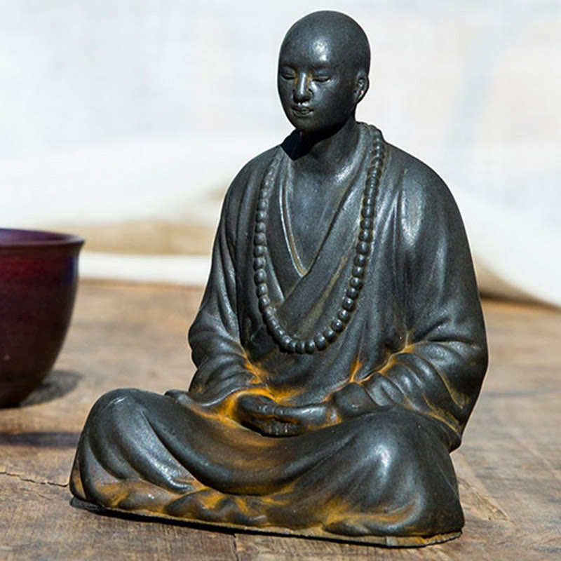 Meditating Praying Monk Statue Set – back detail of monk robe draping, resin monk collectible art