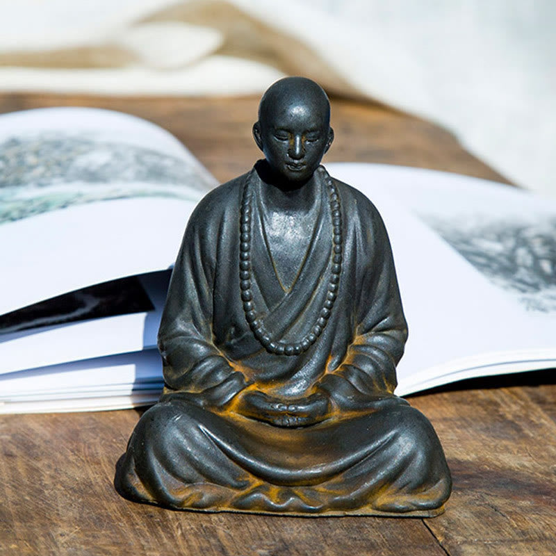 Meditating Praying Monk Statue Set – monk face expression peaceful close-up, serene prayer figurine